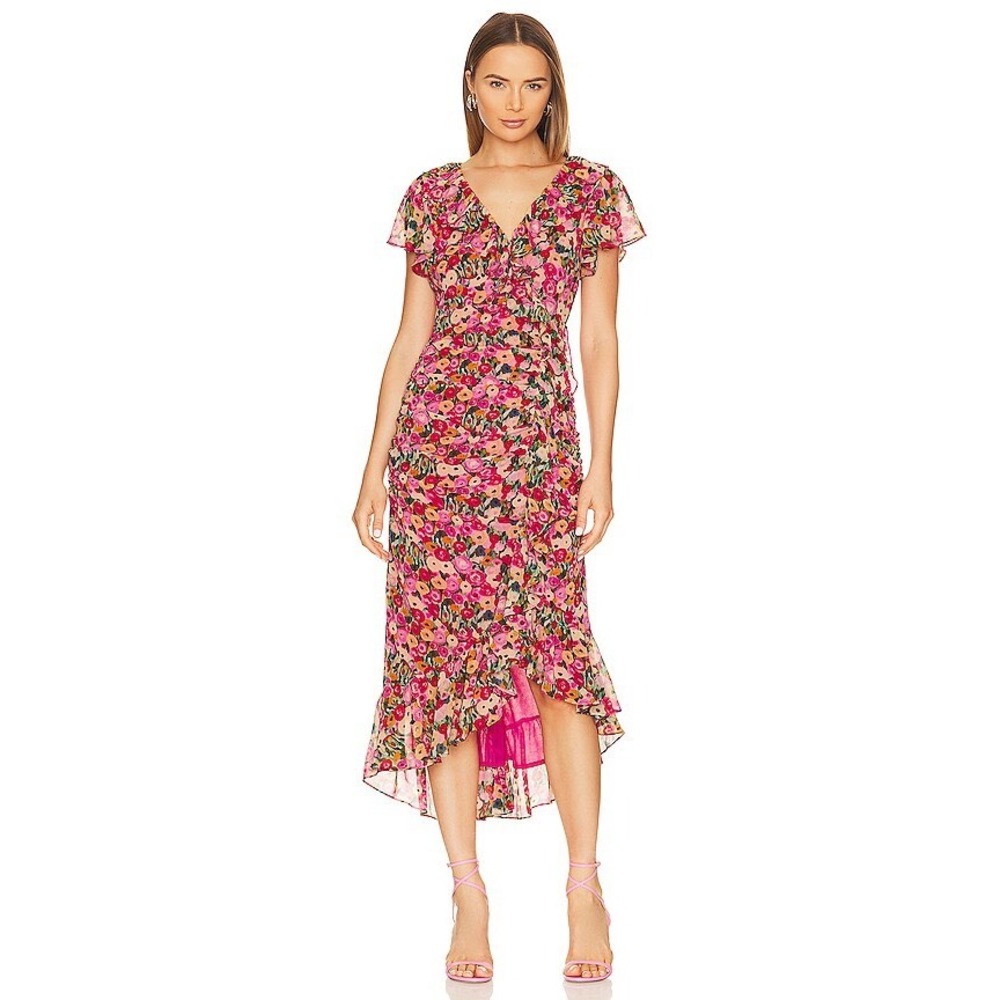 ASTR‎ The Label Vilma Floral Ruched Ruffle Midi Dress Pink Multi Large Preppy